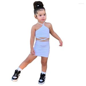 Zestawy odzieży 2-7 Toddler Kids Solid Color Neckline Spódniczka Skutka A-line dziewczyny elastyczne talia strój i sukienka midi