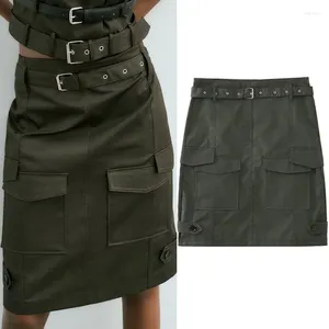 スカート女性用ミディポケットスカート2ピースセットシックなミッドライスストレートレディポケットセルフベルトニーレングススーツ
