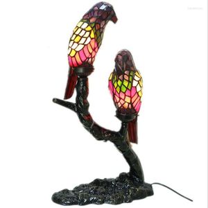 Bordslampor Vintage Tiffany Birds Lamp Foyer Bed Room Bar Apartment Decor Glass Night Light H 46cm 1039