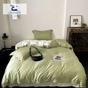 寝具セットLivesthete Luxury Double Color 100 Silk Set Silky Flat Sheet Pillowcase Queen King Duvet Cover Bed Linen for Sleep 231115