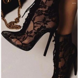 Elbise ayakkabıları siyah olgun örgü kadın botlar yüksek topuk pompalar çiçek dantel up ince topuklu ayak bileği sivri ayak parti düğünü