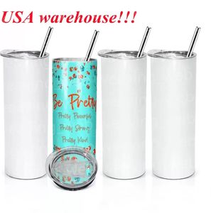 US CA Stock 20oz Blank White SubliMation Tumblers Plast Straw Lid Rostfritt stål Vattenkoppar för barn ADUTLS DIY GENTER 1116