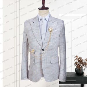 Mäns kostymer 2023 Summer Men's Linen Suit Slim Fit Casual Prom Blue Orange Plaid Terno Men Tuxedos For Wedding Fashion Jacket Blazer Coat