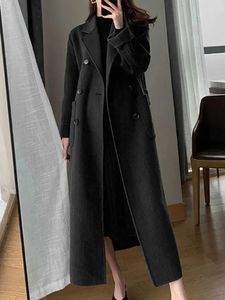 Futro damskie sztuczne zty moda długie wełniane płaszcz kobiety elegancka swobodna kurtka pasowa zimowa biuro dama podwójna piersi prosta warstwa warta 231115
