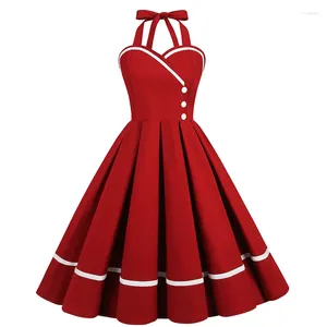 Casual Dresses Robe Pin Up Rockabilly Party 50s 60s Women Pleated Axless Cotton Red Green Pink V Neck Femme Vintage Dress