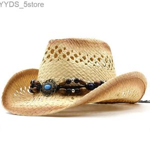 Cappelli a tesa larga Cappelli a secchiello Retro Vintage Perline turchesi Fascia lavorata a maglia Scava fuori Donna Uomo Str Tesa larga Spiaggia Cowboy Cowgirl Cappello da sole occidentale YQ231116