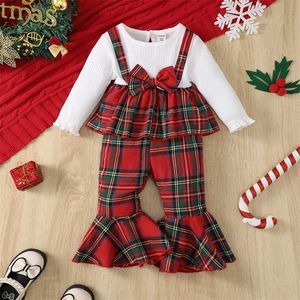 Комбинезон Ma baby 6M3Y, рождественский комплект одежды для девочек с плиссированным топом и бантом на плоской подошве с длинными рукавами, брюки на плоской подошве 231115
