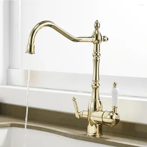 Kitchen Faucets European-Style All-Copper Antique Faucet Can Be Rotated Double-Handle Multi-Functional Clean Water And Cold Mixed