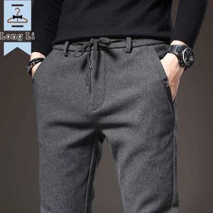 Men's Pants 2023 Autumn Winter Brushed Fabric Casual Pants Men Thick Business Work Slim Cotton Black Grey Trousers Male Size 38 J231116