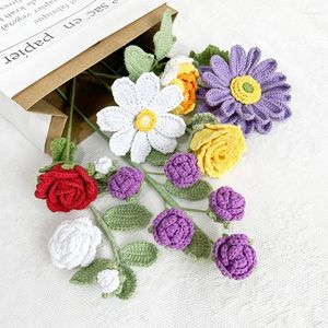 Decorative Flowers Knitting Flower Bouquet Rose Tulips Carnation Hand-Knitted Fake Crochet Plant Wedding Home Table Decor Teacher's Day