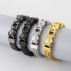 Biker Wolf Head Magnetic Buckle Stainless Steel Men's Personality Bracelet Double Figaro Chain 12mm 8.5inch 90g Weight