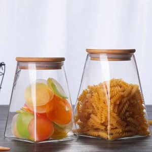 Storage Bottles Bean Tank Candy And Snack Tins With Bamboo Lid Glass Coffee Transparent Trapezoid Ladder-shaped For Home Kitchen