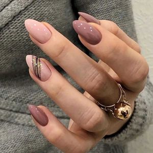 False Nails 24ps/세트 아몬드 경사 골드 라인 핑크 가짜 손톱 인공 전문 소재 예술 전문가를위한 거짓 네일 용품 Z240531