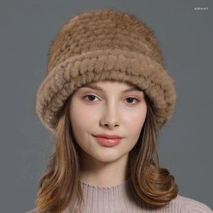 Berretti Cappello da bacino in lana di visone intrecciato Top in pelliccia invernale femminile