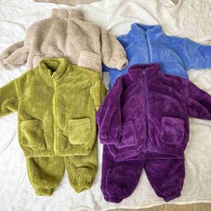 Pyjamas Kinder Herbst Winter Flanell Verdicken Nachtwäsche Junge Mädchen Baby Plus Samt Feste Beiläufige Tops + Hosen 2 stücke Kid homewer Pyjamas SuitL231116