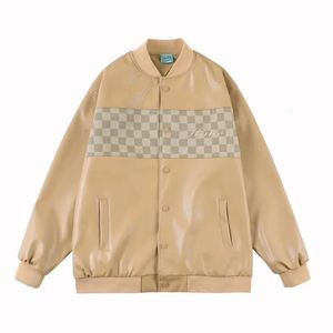 Men's Jackets Checkered Panel PU Leather Men's Baseball Jersey Vintage Loose Round Neck Single Breasted Jacket Couple Street Hip Hop Top 231116