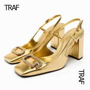 Klänningskor traf kvinna höga klackar guld mulor klackar för kvinnor chunky rhinestone elegant klackade slingback skor moderna kontor bröllop pumpar 231116