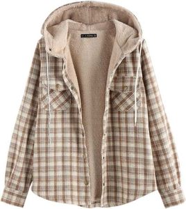 winter jacket women Plaid Fleece Lined Hooded Button Up Oversized Fuzzy Coat Checkered Flannel Hoodie Jacket 8WTVN