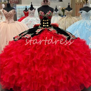 Luxury Red Charro Quinceanera Dresses Vestidos De 15 Anos Sixteen Birthday Party Halloween Sweet Fifteen Xv Dress With Bow 2024 Elegant Debutante Rojos Promdress