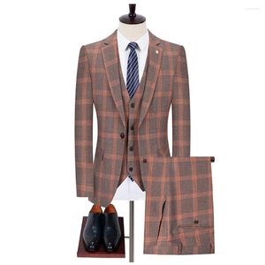 Men's Suits Wide Plaid Men Tweed For Man Three Pieces Notched Lapel Tuxedos Groomsmen Winter Wedding (Blazer Vest Pants)