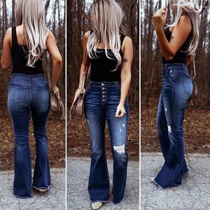 Women's Jeans Fashion Button High Waist Female Streetwear Casual Vintage Mom Boot Cut Flare Denim Pants Distressed Stretch Trousers