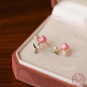 Orecchini a bottone in argento sterling 925 rosa a goccia olio perla tulipano per le donne gioielli vintage romantici francesi