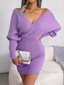 2023 Autumn Knit Sexy sukienki dla kobiety głębokie rękaw w szyku w dekolcie elegancka imprezowa sukienka solidna mini spódnica z długim rękawem