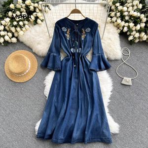 Casual Dresses Vintage Ethnic Denim Long Dress Spring Women O-neck Flare Sleeve Embroidery Print Loose Elegant Maxi Plus Size 2023