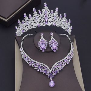 Set di gioielli da sposa di lusso in cristallo viola da sposa per le donne Corona orecchino Collana Diademi Sposa Dubai 231116