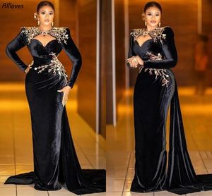 Black Velvet Prom Dresses Arabic Aso Ebi Beautiful Embroidery Beaded Women Special Occasion Dresses With Long Sleeves Plus Size Long Formal Evening Dress CL2932