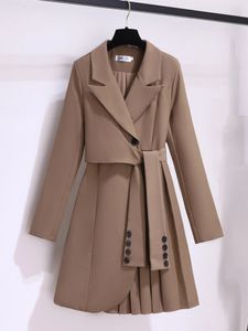 Basic Casual Dresses 2023 Suit Dress Long Sleeve Korean Fashion Khaki White Or Black With Belt Pleated Winter Outfits For Women 231116