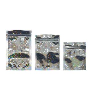 Sacos resealáveis Saco de bolsa de folha Saco Mylar plano para armazenamento de alimentos de festa Cor holográfica com estrela de glitter Vvhaq
