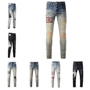 Högkvalitativa män jeans designer jeans mens designer pant mens jean stil katt whisker blekning mens smala passform elastisk broderi mode trasiga hål jeans samma l5