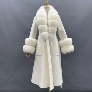 Women's Fur Faux Arrival Women Wool Coat With Real Collar Cuff Slim Fit Elegant Belted Cashmere Long Ladies Winter Coats 231115