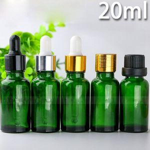 Garrafa de gotas de gotas de vidro verde 20 ml de embalagem cosmética de óleo essencial com tampas de ouro preto prateado