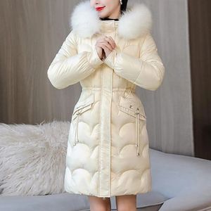 Parka da donna in piumino Cappotto invernale in cotone da donna Imbottito ispessito con cappuccio in pelliccia sintetica Capispalla invernale Liscio slim fit antivento di media lunghezza con cappuccio piumino 231115