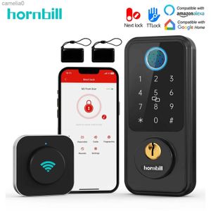 Smart Lock Hornbill Wifi Smart Door Lock Keyless Entry con G2 Gateway Impronta digitale Catenaccio Serrature Tastiera Serratura elettronica anteriore Remote HomeL231116