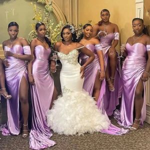 2023 Light Purple Bridesmaid Dresses Mermaid Side Slit Sweep Train Ruched Sweetheart Neckline Custom Made Plus Size Maid Of Honor Gowns Vestidos Beach Wedding 401