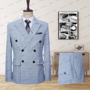 Mäns kostymer 2023 Blue Linen Men's Bridegroom Tuxedo skräddarsydd bröllop Custom Double Breasted Male Blazer 2-stycken Terno Masculino