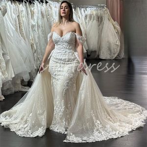 Shine Sparkly Sequin Mermaid Wedding Dress With Detachable Train Off Shoulders Elegant Plus Size Lace Luxury Country Bridal Gowns For Bride Crochet Laceful mariage
