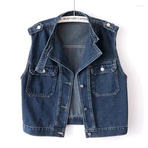 Women's Vests Vintage Dark Blue Stand Collar Pocket Denim Vest Women Waistcoat Korean Cowboy Sleeveless Jacket Loose Short Jeans Female