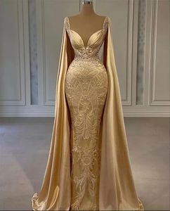 Gold Mermaid Prom Dresses With Wrap Beaded Lace Appliqued Evening Dress Party Second Reception Gowns Plus Size