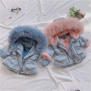 Kappa Autumn Winter Girls Thicken Coats Children Denim Hooded Kids päls krage bomullsjacka baby flicka utkläder droppleverans moderskap dhket