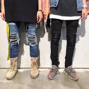 Jeans masculinos high street meninos rasgados preto fino ajuste pequeno pé remendo couro estiramento magro denim calças moda lápis calças