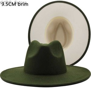 Wide Brim Hats Bucket Hats New Outer Green Inner Beige Wool Felt Jazz Fedora Hats with Thin Belt Buckle Men Women 9.5cm Wide Brim Panama Trilby Cap 56-58cm YQ231116