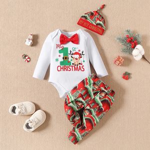 Pagliaccetti 3 Cute Boys Elk Print Manica lunga Pantaloni con cappello stampato 018M Set di abbigliamento da salotto a tema esclusivo natalizio per bambini 231116