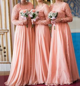 2020 Modest Coral Long Sleeves Lace Long Bridesmaid Dresses Plus Size Chiffon Ruched Muslim Maid of Honor Wedding Guest Gowns BM194600840