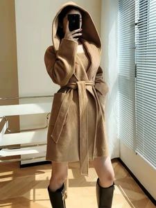 Women's Wool Blends Autumn Camel hair Coat Women Medium Long Hooded Black Coat Female Water Ripple Loose Casual Fashion 100% Camel hair Classic MAX 231116