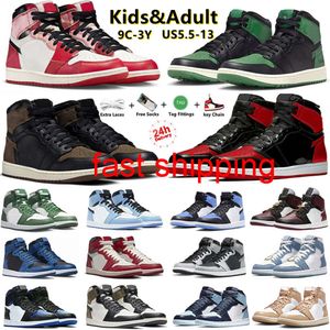 Jumpman 1 Jumpman 1 1s Bambini Uomini Donne Scarpe da basket Eastside Golf Palomino Praline Satin Bred Patent Lost Found UNC Marron Lucky Green Spider Verse Denim Sport Sne