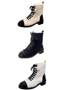 10a Top Designer Boots Womens Autumn and Winter Double Lace Leather Women's Rhinestone Ankle Boots Korta stövlar Sandstövlar Höjda tjocka hälen Martin Boots Snöskor